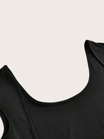 Women's Black Backless Round Neck Crop Sleeve Jumpsuit With Shorts, Perfect For Summer