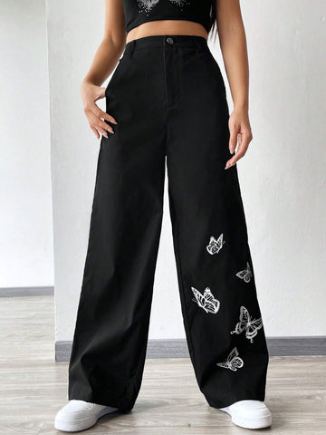 EZwear Women's Black Butterfly Print Woven Long Pants
