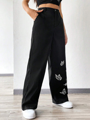EZwear Women's Black Butterfly Print Woven Long Pants
