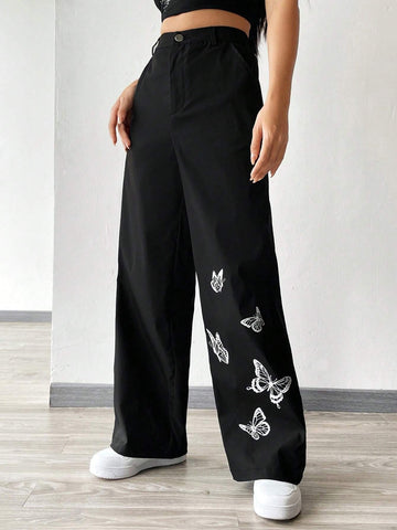 EZwear Women's Black Butterfly Print Woven Long Pants