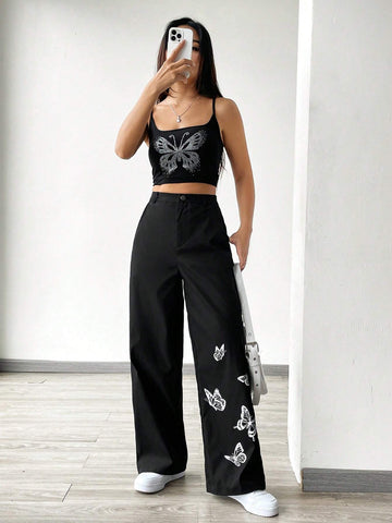 EZwear Women's Black Butterfly Print Woven Long Pants