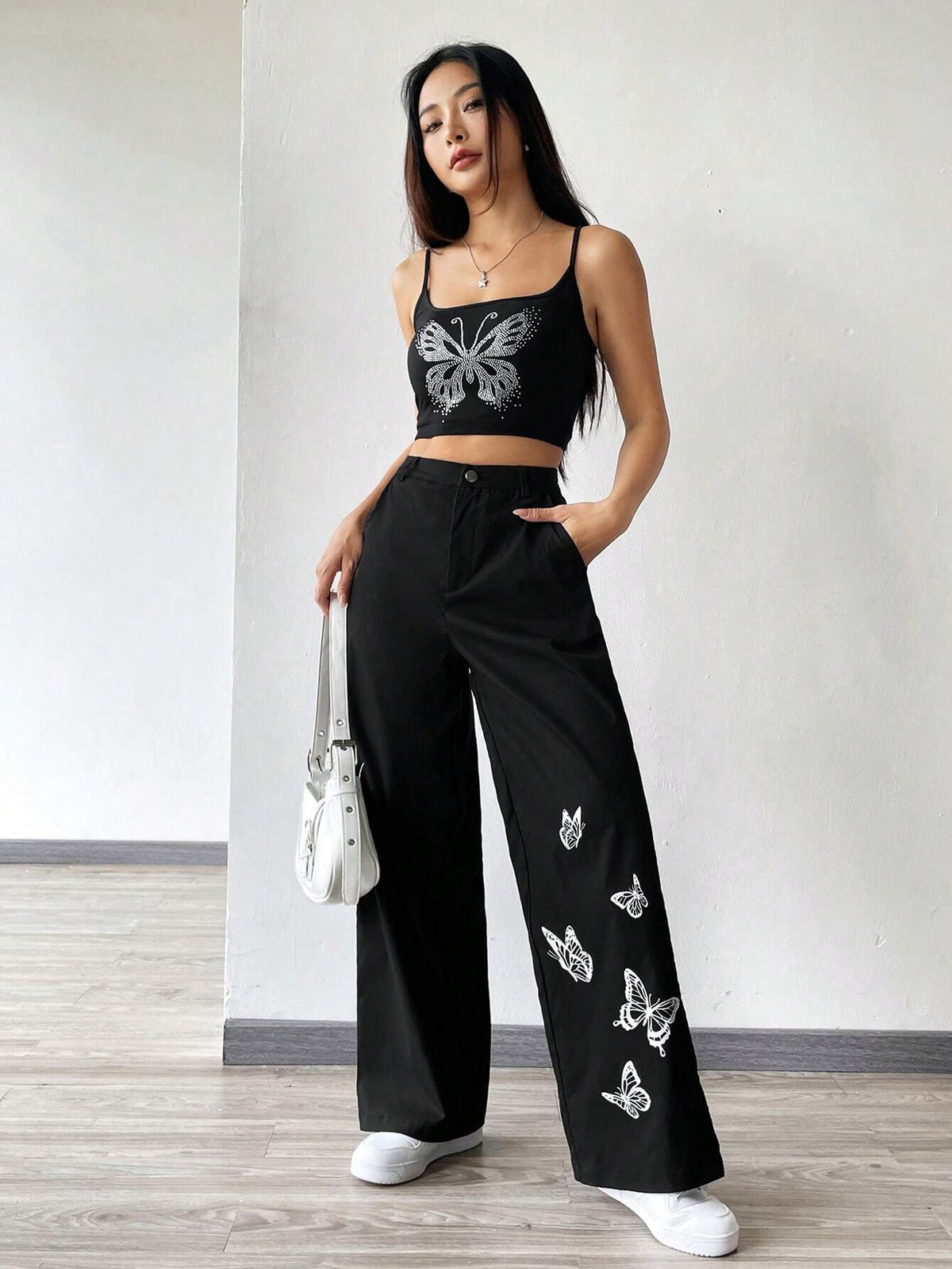 EZwear Women's Black Butterfly Print Woven Long Pants