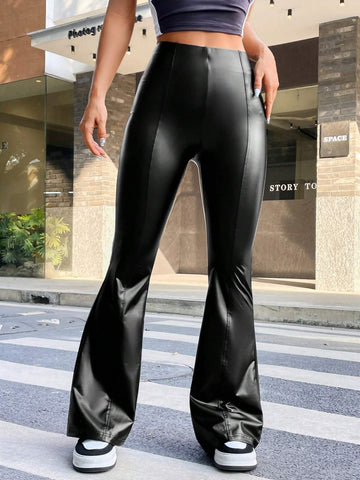 EZwear Women's Black Knit Pu Leather Flared Pants