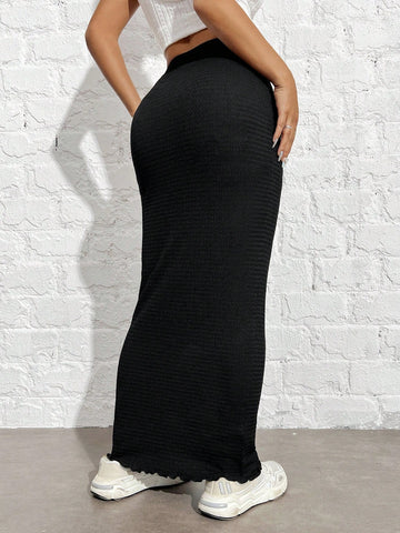 EZwear Women's Black Knitted Lettuce Hem Skirt