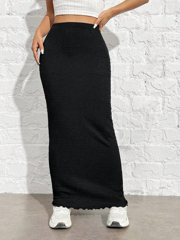 EZwear Women's Black Knitted Lettuce Hem Skirt