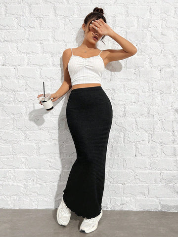 EZwear Women's Black Knitted Lettuce Hem Skirt