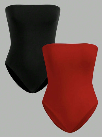 Women's Black & Red Bandeau Bodysuit, Casual Tight-Fitting, Suitable For Summer