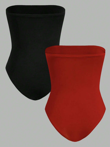 Women's Black & Red Bandeau Bodysuit, Casual Tight-Fitting, Suitable For Summer