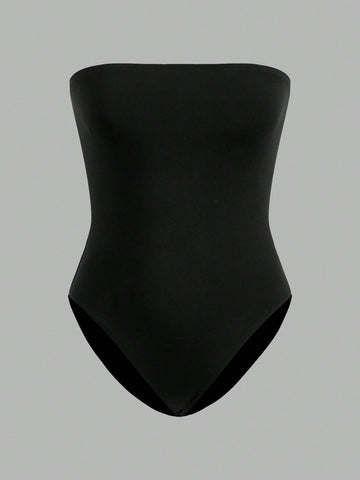 Women's Black & Red Bandeau Bodysuit, Casual Tight-Fitting, Suitable For Summer