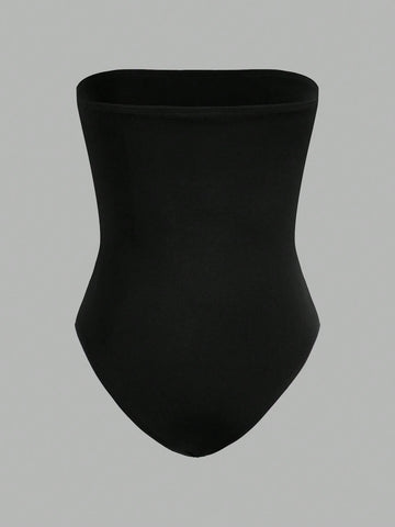 Women's Black & Red Bandeau Bodysuit, Casual Tight-Fitting, Suitable For Summer