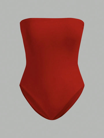 Women's Black & Red Bandeau Bodysuit, Casual Tight-Fitting, Suitable For Summer