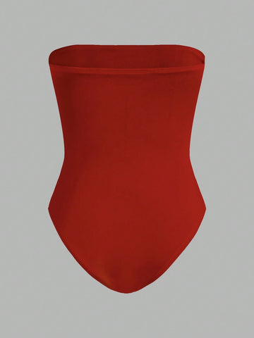 Women's Black & Red Bandeau Bodysuit, Casual Tight-Fitting, Suitable For Summer