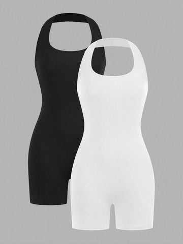Women's Black & White 2pcs Set Halter Neck Backless Slim Fit Short Jumpsuit For Summer