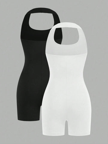 Women's Black & White 2pcs Set Halter Neck Backless Slim Fit Short Jumpsuit For Summer