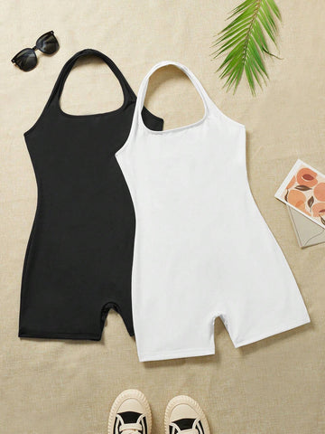 Women's Black & White 2pcs Set Halter Neck Backless Slim Fit Short Jumpsuit For Summer