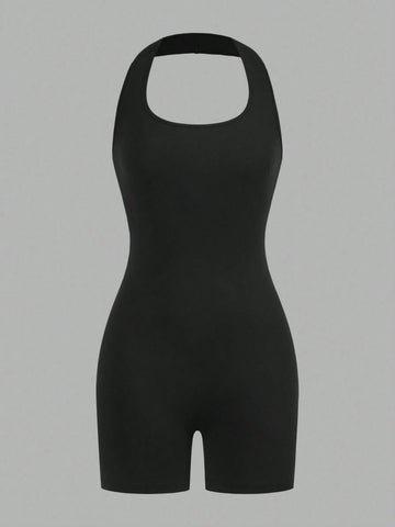 Women's Black & White 2pcs Set Halter Neck Backless Slim Fit Short Jumpsuit For Summer