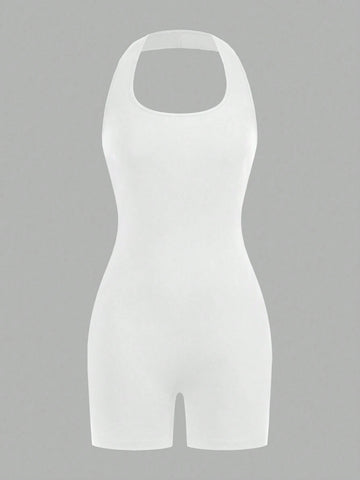 Women's Black & White 2pcs Set Halter Neck Backless Slim Fit Short Jumpsuit For Summer
