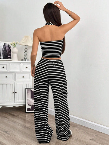 Women's Black & White Ribbed Tube Crop Top And Wide Leg Pants Set
