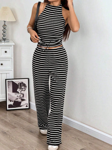 Women's Black & White Ribbed Tube Crop Top And Wide Leg Pants Set