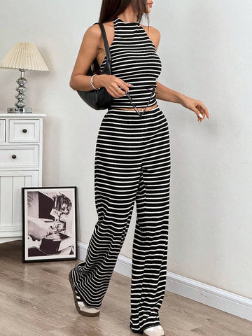 Women's Black & White Ribbed Tube Crop Top And Wide Leg Pants Set