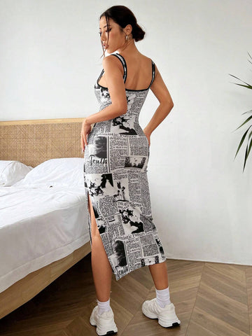 Women's Bodycon Slogan Printed Side Slit Spaghetti Strap Dress
