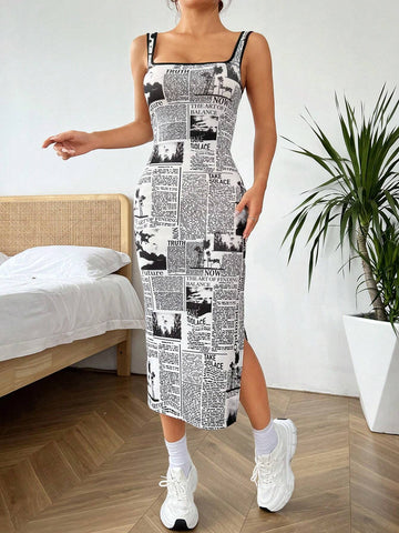 Women's Bodycon Slogan Printed Side Slit Spaghetti Strap Dress