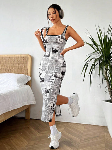 Women's Bodycon Slogan Printed Side Slit Spaghetti Strap Dress