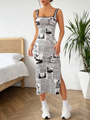 Women's Bodycon Slogan Printed Side Slit Spaghetti Strap Dress