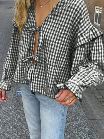 EZwear Women's Bright Yellow Bubble Plaid Cute Loose Long Sleeve Fungus Lace Shirt