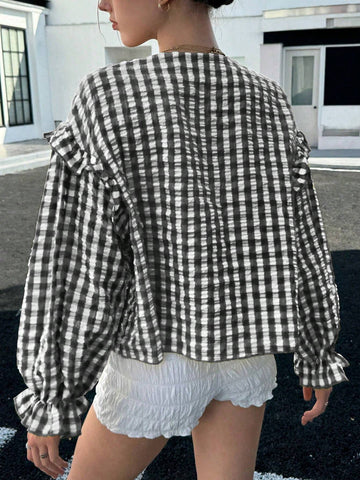 EZwear Women's Bright Yellow Bubble Plaid Cute Loose Long Sleeve Fungus Lace Shirt