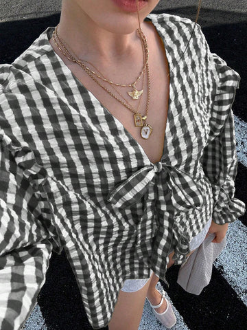 EZwear Women's Bright Yellow Bubble Plaid Cute Loose Long Sleeve Fungus Lace Shirt