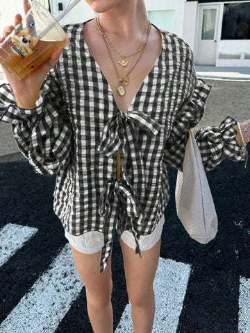 EZwear Women's Bright Yellow Bubble Plaid Cute Loose Long Sleeve Fungus Lace Shirt