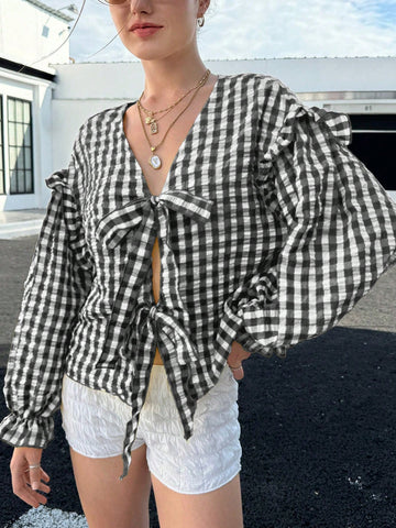 EZwear Women's Bright Yellow Bubble Plaid Cute Loose Long Sleeve Fungus Lace Shirt