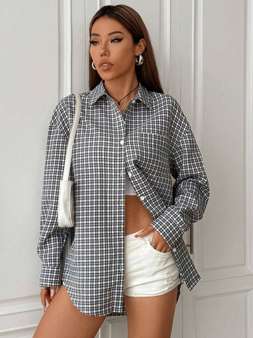 EZwear Women's Button-Up Long Sleeve Plaid Curved Hem Shoulder-Drop Blouse