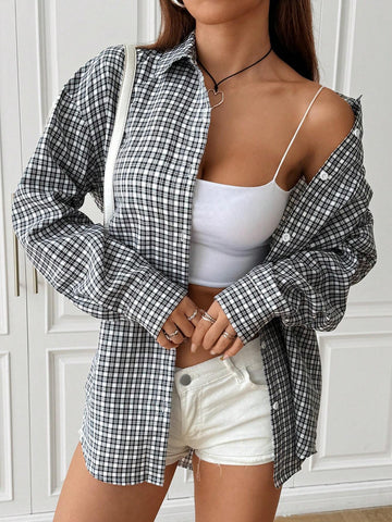 EZwear Women's Button-Up Long Sleeve Plaid Curved Hem Shoulder-Drop Blouse