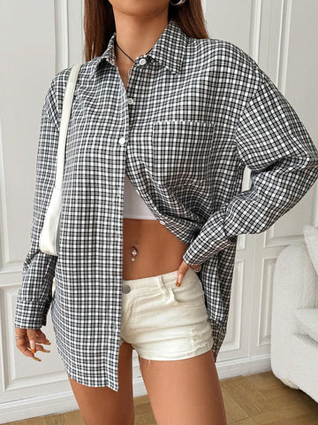 EZwear Women's Button-Up Long Sleeve Plaid Curved Hem Shoulder-Drop Blouse