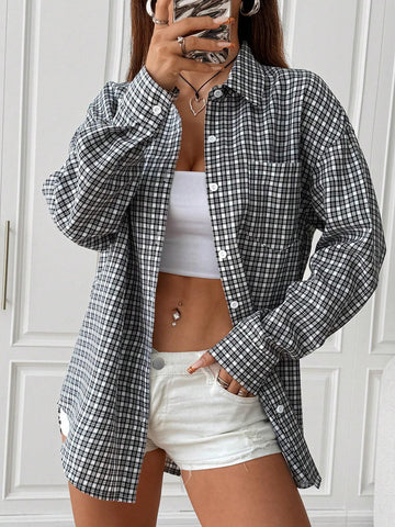 EZwear Women's Button-Up Long Sleeve Plaid Curved Hem Shoulder-Drop Blouse