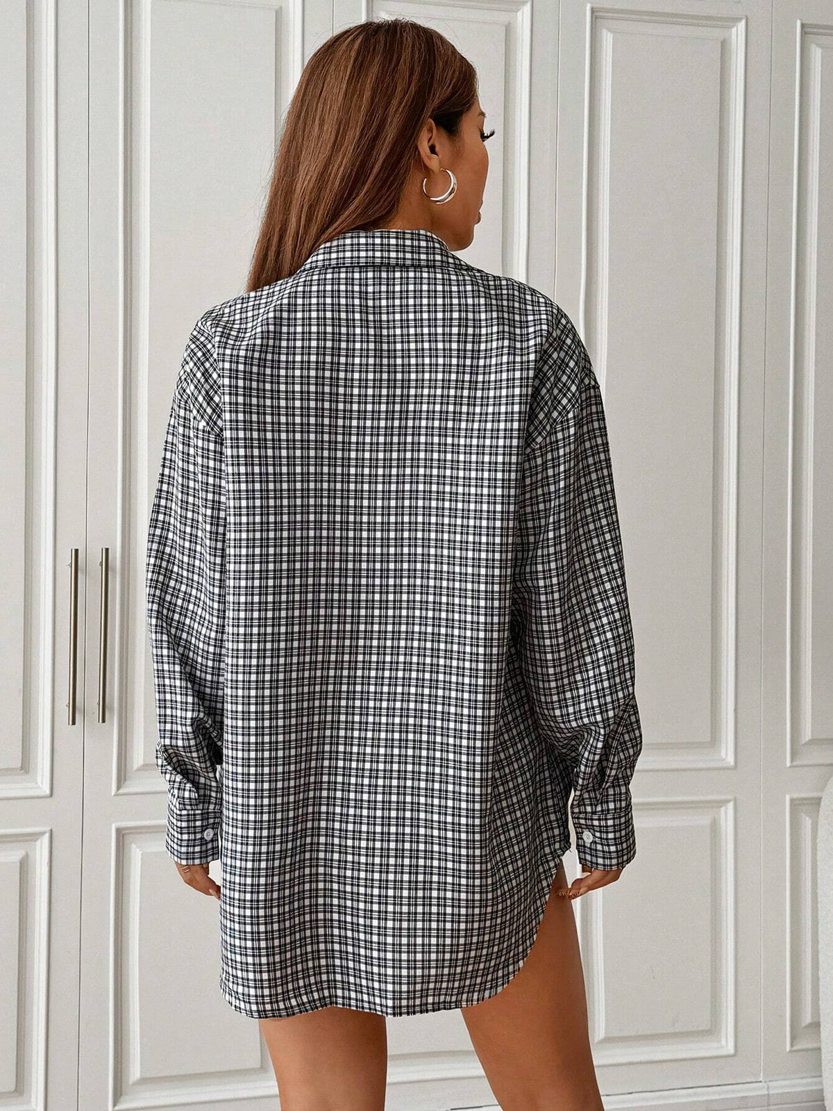 EZwear Women's Button-Up Long Sleeve Plaid Curved Hem Shoulder-Drop Blouse