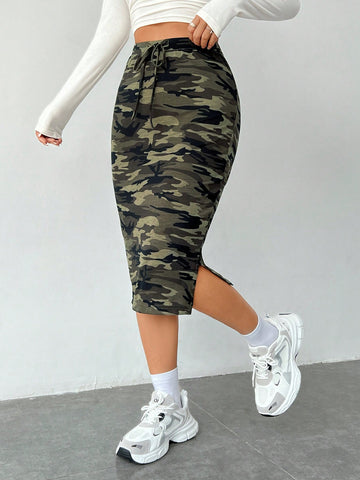 EZwear Women's Camouflage Print Drawstring Waist Fanny Pack Hip Skirt With Split