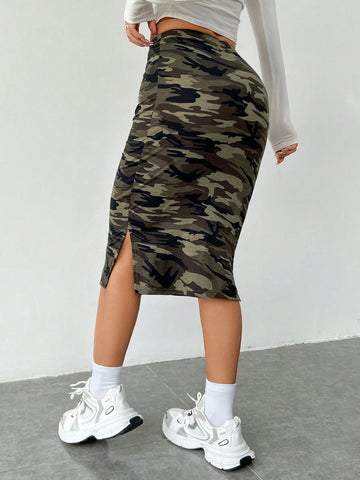 EZwear Women's Camouflage Print Drawstring Waist Fanny Pack Hip Skirt With Split