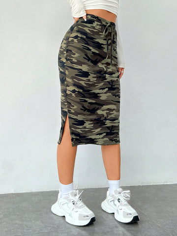 EZwear Women's Camouflage Print Drawstring Waist Fanny Pack Hip Skirt With Split