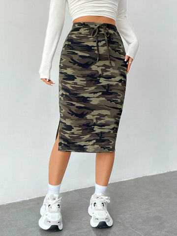 EZwear Women's Camouflage Print Drawstring Waist Fanny Pack Hip Skirt With Split