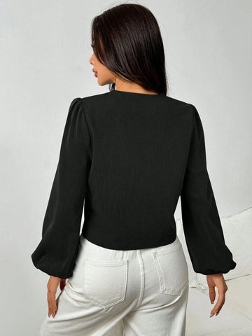 EZwear Women's Casual Black Tie Front Butterfly Sleeve Shirt, Autumn