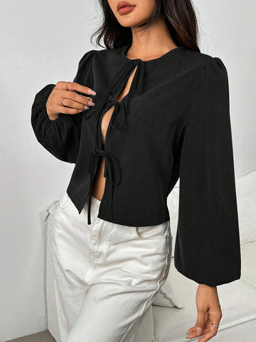 EZwear Women's Casual Black Tie Front Butterfly Sleeve Shirt, Autumn