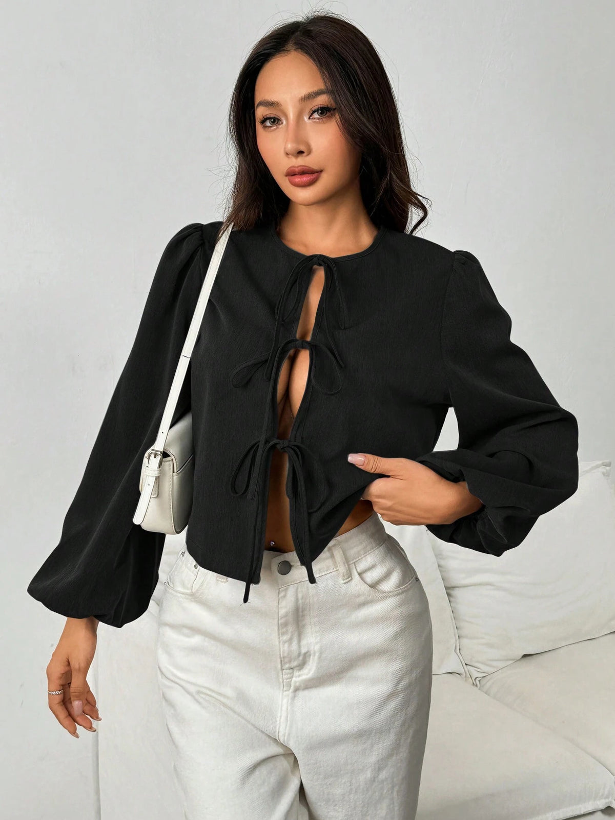 EZwear Women's Casual Black Tie Front Butterfly Sleeve Shirt, Autumn