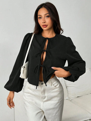 EZwear Women's Casual Black Tie Front Butterfly Sleeve Shirt, Autumn