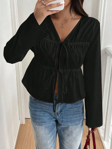 EZwear Women's Casual Black Woven Tie Front Shirt, Autumn