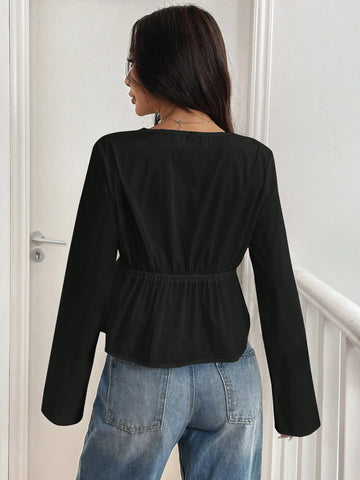 EZwear Women's Casual Black Woven Tie Front Shirt, Autumn