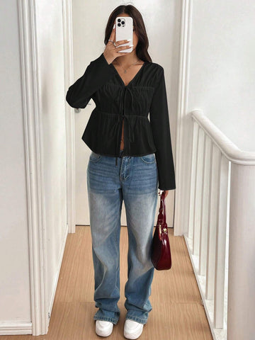 EZwear Women's Casual Black Woven Tie Front Shirt, Autumn