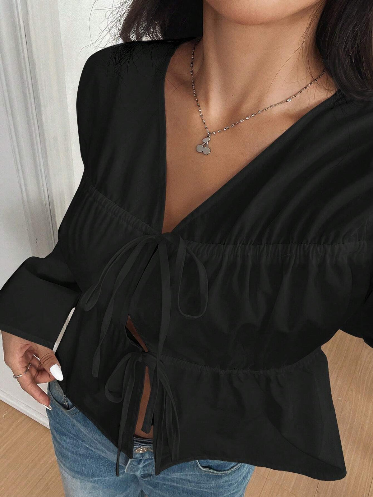 EZwear Women's Casual Black Woven Tie Front Shirt, Autumn